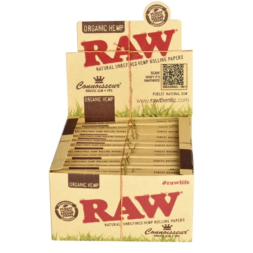 RAW Connoisseur Organic Hemp Rolling Papers & Tips | King Size | 24pk Display